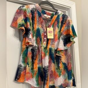 Entro brand multi color top with flutter sleeves size large NWT